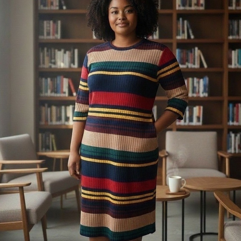 NWT Wishful Park Ribbed Knit Midi Dress Multi Color Stripe Elbow Sleeve Crew XL